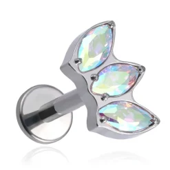 Tytanowy kolczyk labret z opalizującymi cyrkoniami - srebrny