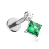 Tytanowy kolczyk labret z białą i zieloną cyrkonią - srebrny
