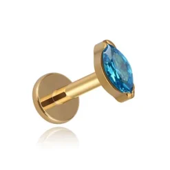 Tytanowy kolczyk labret złoty łezka z niebieską cyrkonią