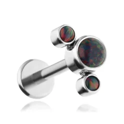 Tytanowy kolczyk labret z czarnymi opalami OP33 - srebrny