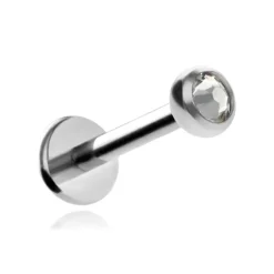 Tytanowy kolczyk labret z białym kryształkiem premium - srebrny