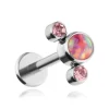 Tytanowy kolczyk labret z różowym opalem OP22 i różowymi kryształkami - srebrny