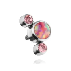 Tytanowy kolczyk labret z różowym opalem OP22 i różowymi kryształkami - srebrny