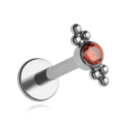 Tytanowy kolczyk labret z czerwoną cyrkonią i kulkami - srebrny