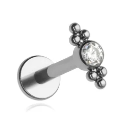 Tytanowy kolczyk labret z białą cyrkonią i kulkami - srebrny