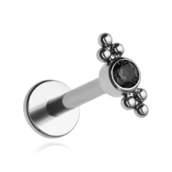 Tytanowy kolczyk labret z czarną cyrkonią i kulkami - srebrny