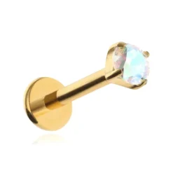 Tytanowy kolczyk labret złoty z opalizującą cyrkonią