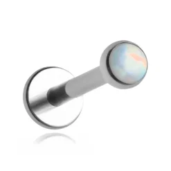 Tytanowy kolczyk labret z białym opalem OP18 - srebrny