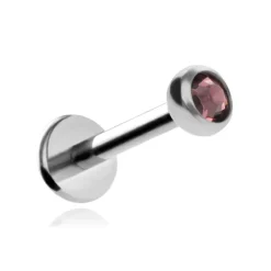 Tytanowy kolczyk labret z ciemnoróżowym kryształkiem premium - srebrny