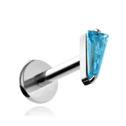 Tytanowy kolczyk labret z niebieską cyrkonią - srebrny