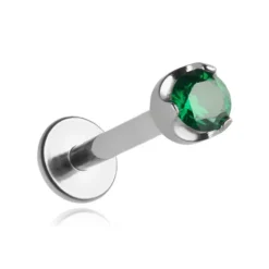 Tytanowy kolczyk labret z zieloną cyrkonią