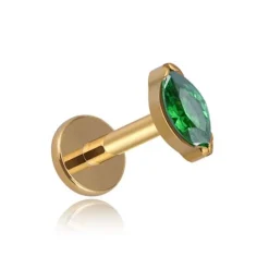 Tytanowy kolczyk labret złoty łezka z zieloną cyrkonią