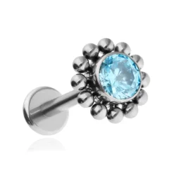 Tytanowy kolczyk labret z niebieską cyrkonią - srebrny