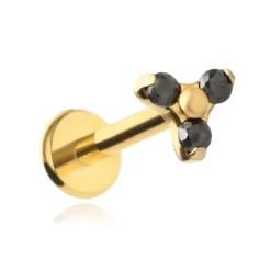 Tytanowy kolczyk labret złoty z trzema czarnymi cyrkoniami