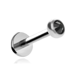 Tytanowy kolczyk labret z czarnym kryształkiem premium - srebrny