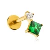 Tytanowy kolczyk labret z białą i zieloną cyrkonią - złoty