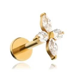 Tytanowy kolczyk labret z białymi cyrkoniami - złoty