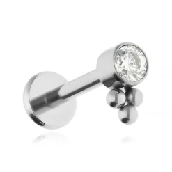 Tytanowy kolczyk labret z białą cyrkonią - srebrny