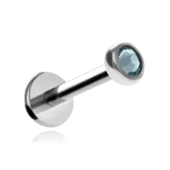 Tytanowy kolczyk labret z niebieskim kryształkiem premium - srebrny
