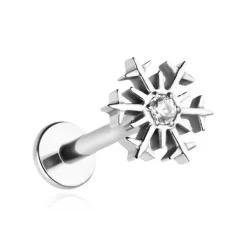 Tytanowy kolczyk labret z biąłą cyrkonią - śnieżynka - srebrny - TGW-153