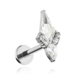 Tytanowy kolczyk labret z białymi cyrkoniami - srebrny