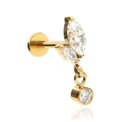 Tytanowy kolczyk labret z białymi cyrkoniami - złoty