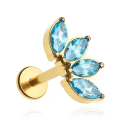 Tytanowy kolczyk labret złoty cluster z niebieskimi cyrkoniami