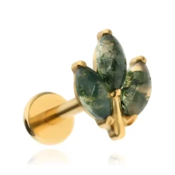 Tytanowy kolczyk labret z agatem mszystym - złoty