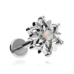 Tytanowy kolczyk labret z śnieżynka z opalem - srebrny