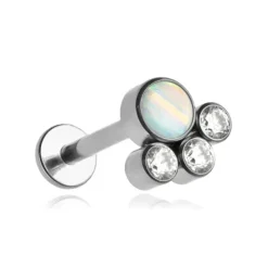 Tytanowy labret ozdobny - jasnoniebieski opal i białe cyrkonie - TGW-048