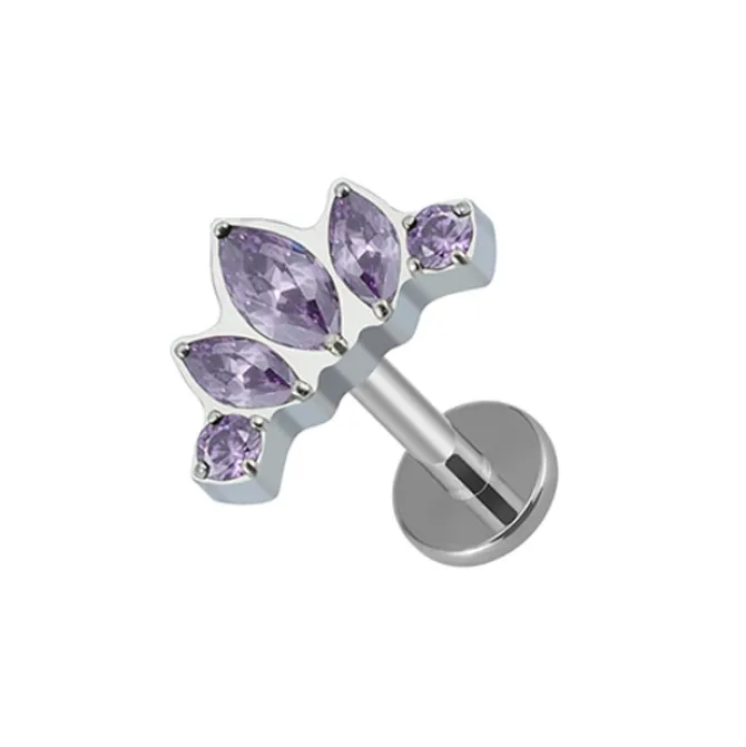 Tytanowy labret srebrny - fioletowe cyrkonie - TGW-088