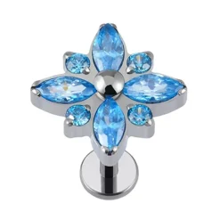 Tytanowy labret srebrny kwiat z niebieskimi cyrkoniami - TGW-106