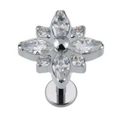 Tytanowy labret srebrny kwiat z białymi cyrkoniami - TGW-106