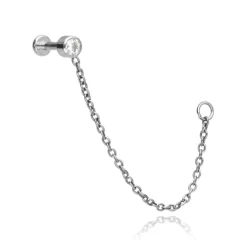Tytanowy labret srebrny z białą cyrkonią i łańcuszkiem - push in - TPI-007