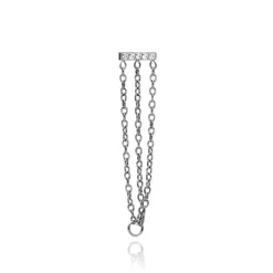 Tytanowy labret z białymi cyrkoniami i łańcuszkami - srebrny